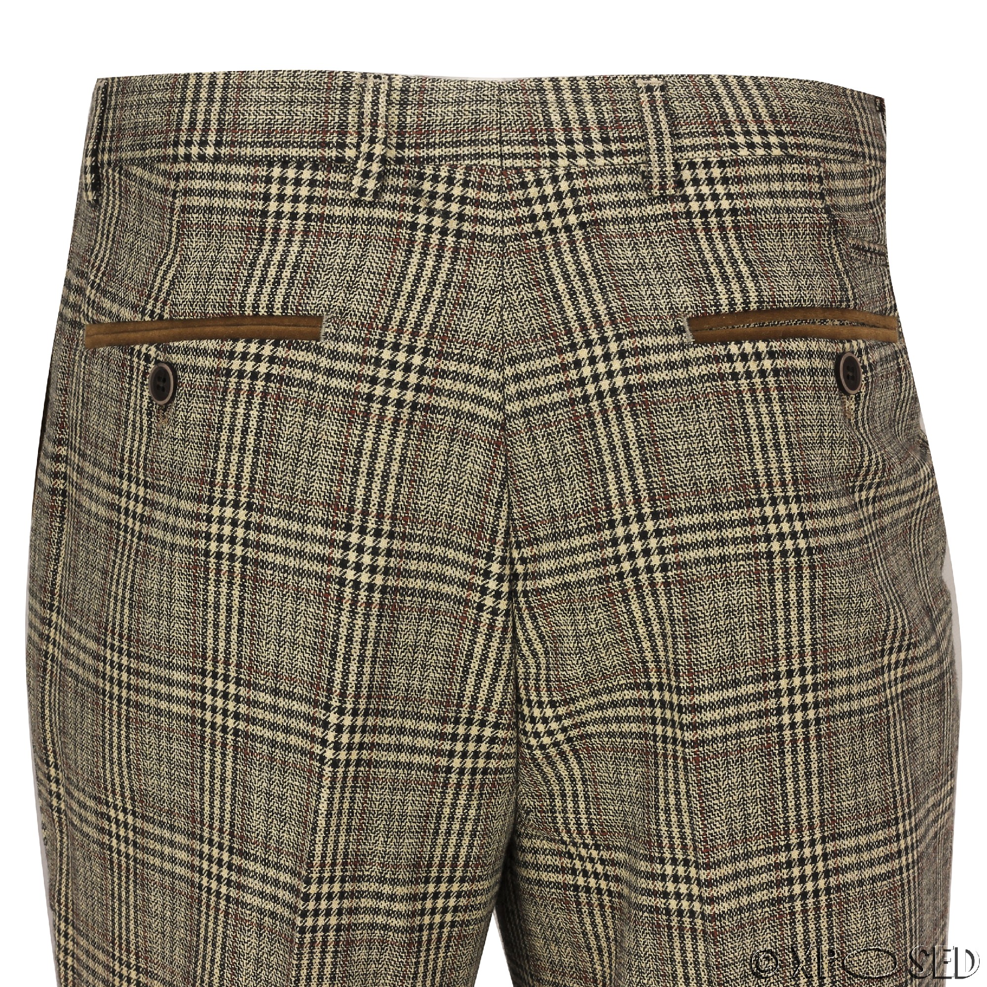 Mens Herringbone Check Trouser Vintage Tweed Tailored Fit Brown Grey